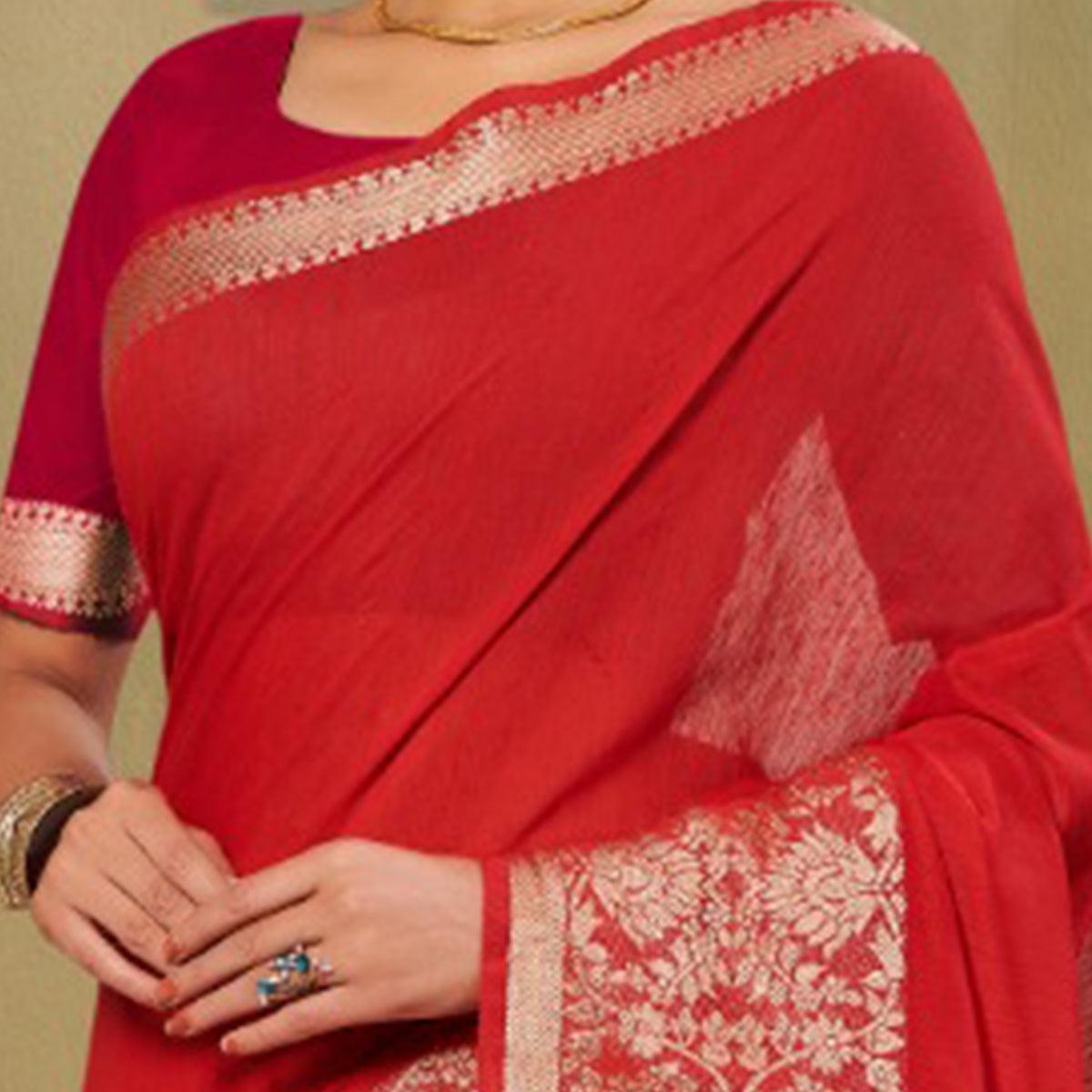 Lovely Red Colored Festive Wear Woven Silk Saree