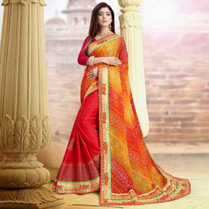 Lovely Red Colored Festive Wear Zari Work Moss Chiffon Half-Half Saree