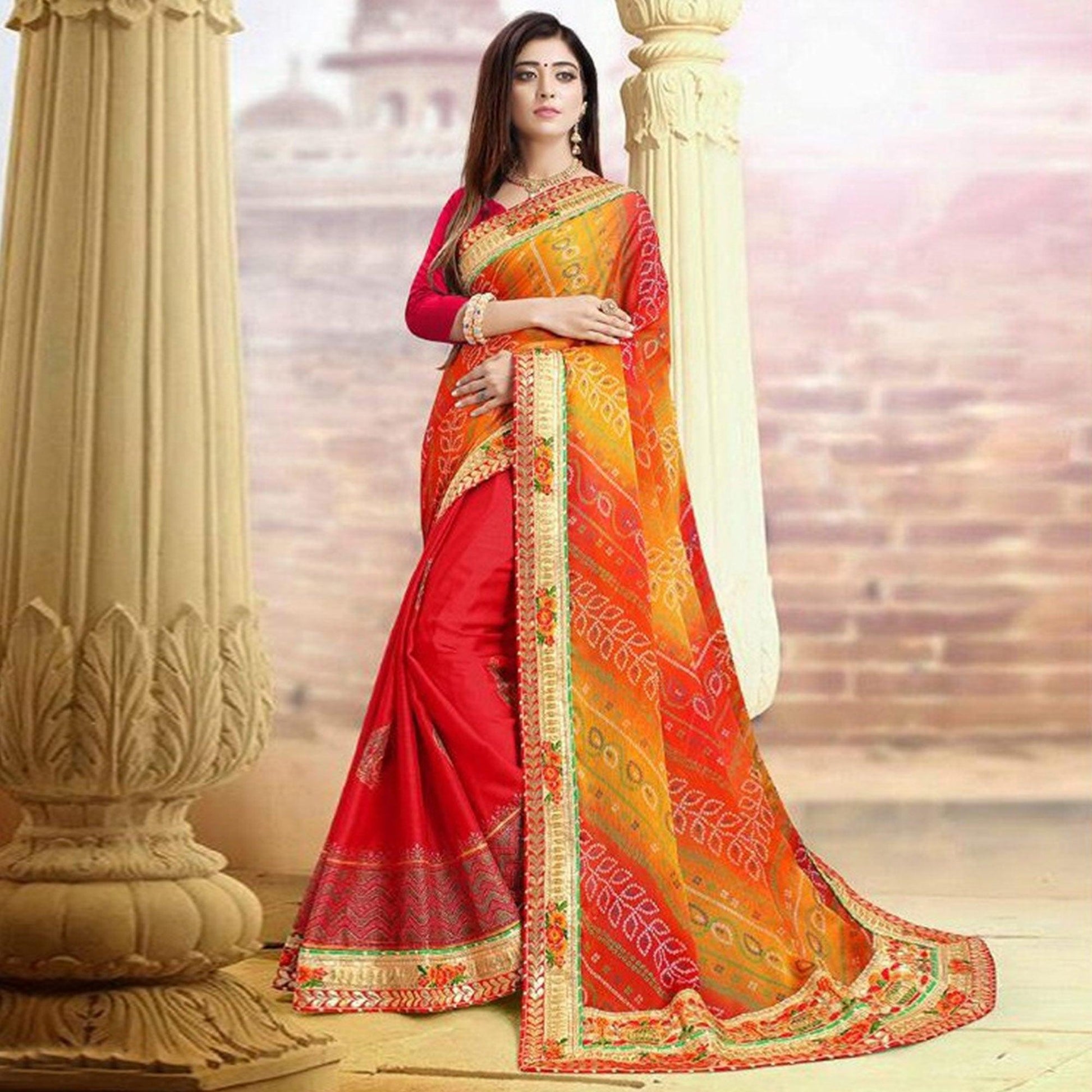 Lovely Red Colored Festive Wear Zari Work Moss Chiffon Half-Half Saree