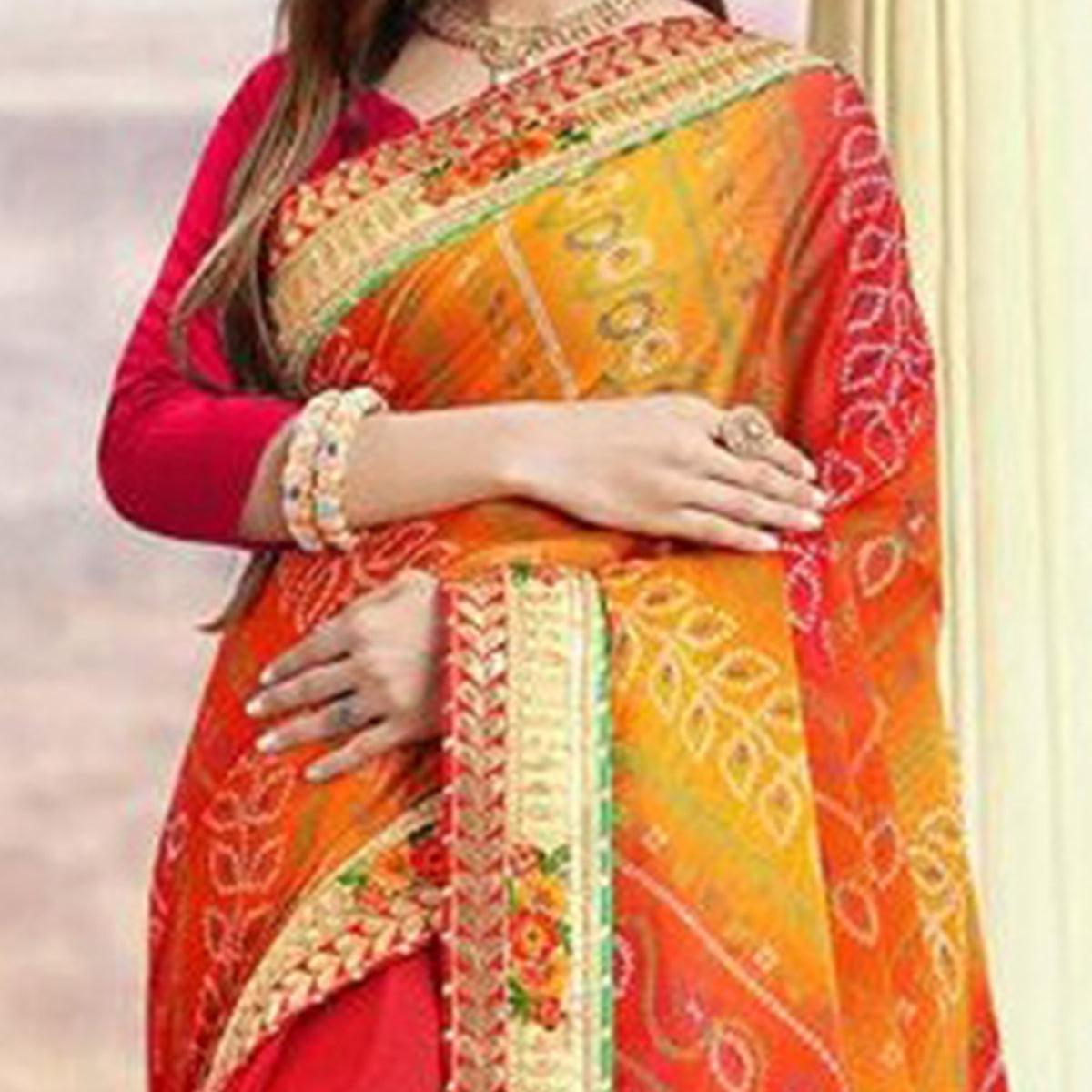 Lovely Red Colored Festive Wear Zari Work Moss Chiffon Half-Half Saree