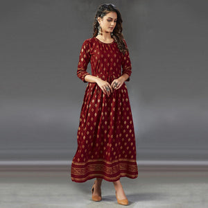 Lovely Red  Colored Partywear Foil Printed Viscose Rayon Kurti