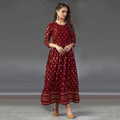 Lovely Red  Colored Partywear Foil Printed Viscose Rayon Kurti