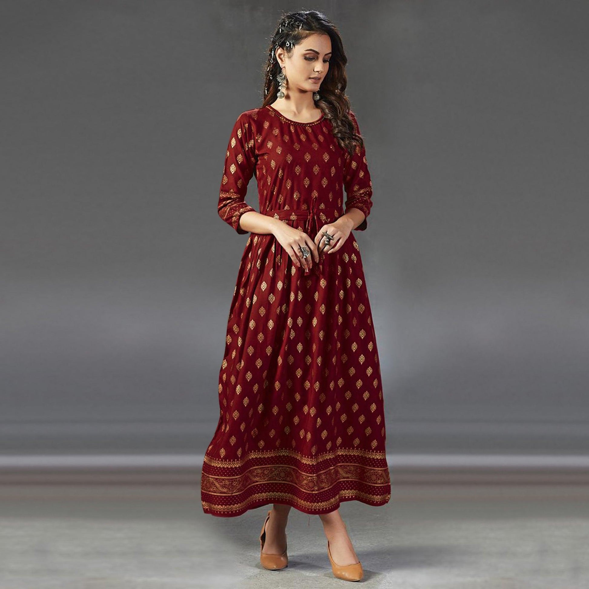 Lovely Red  Colored Partywear Foil Printed Viscose Rayon Kurti