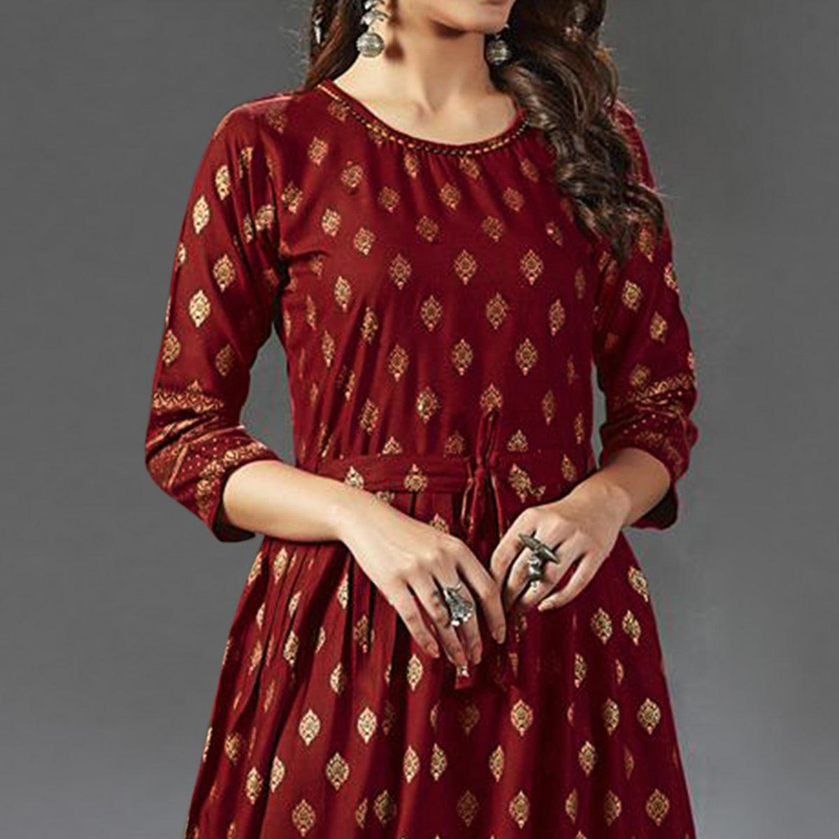 Lovely Red  Colored Partywear Foil Printed Viscose Rayon Kurti