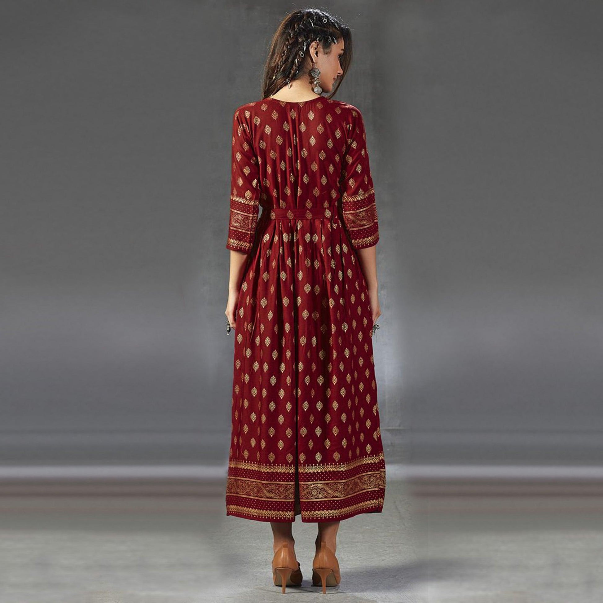 Lovely Red  Colored Partywear Foil Printed Viscose Rayon Kurti
