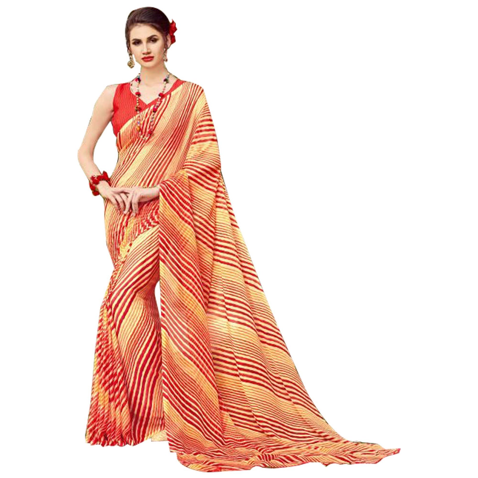 Lovely Red-Yellow Colored Casual Printed Chiffon Saree
