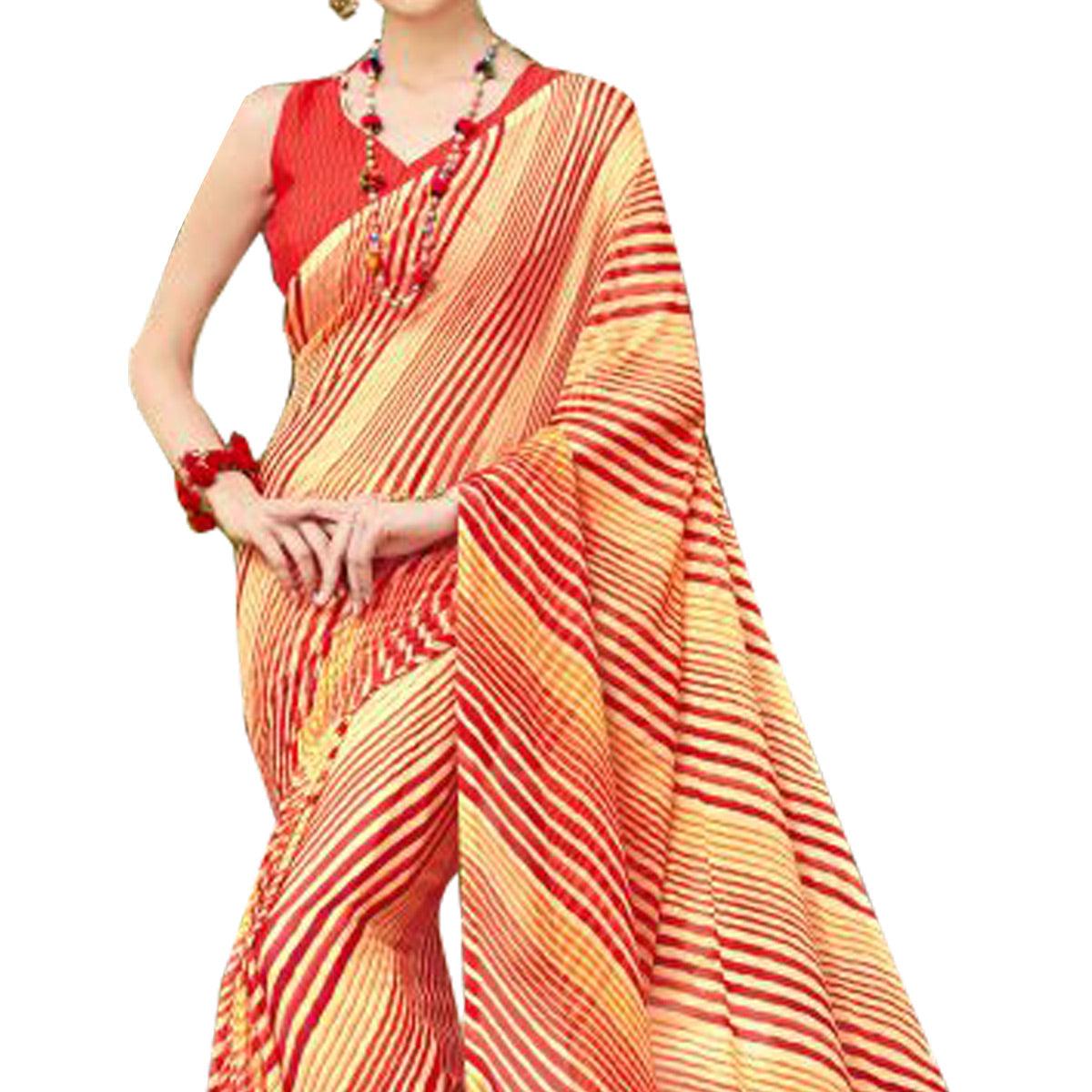 Lovely Red-Yellow Colored Casual Printed Chiffon Saree