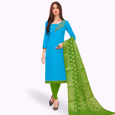 Lovely Sky Blue Colored Casual Wear Embroidered Cotton Dress Material With Banarasi Silk Dupatta