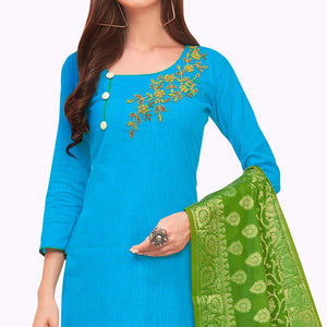 Lovely Sky Blue Colored Casual Wear Embroidered Cotton Dress Material With Banarasi Silk Dupatta