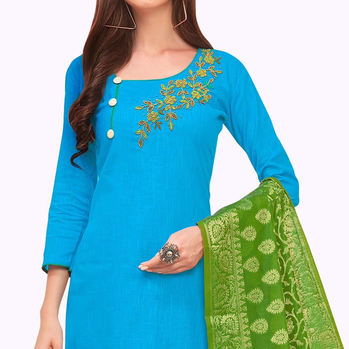 Lovely Sky Blue Colored Casual Wear Embroidered Cotton Dress Material With Banarasi Silk Dupatta