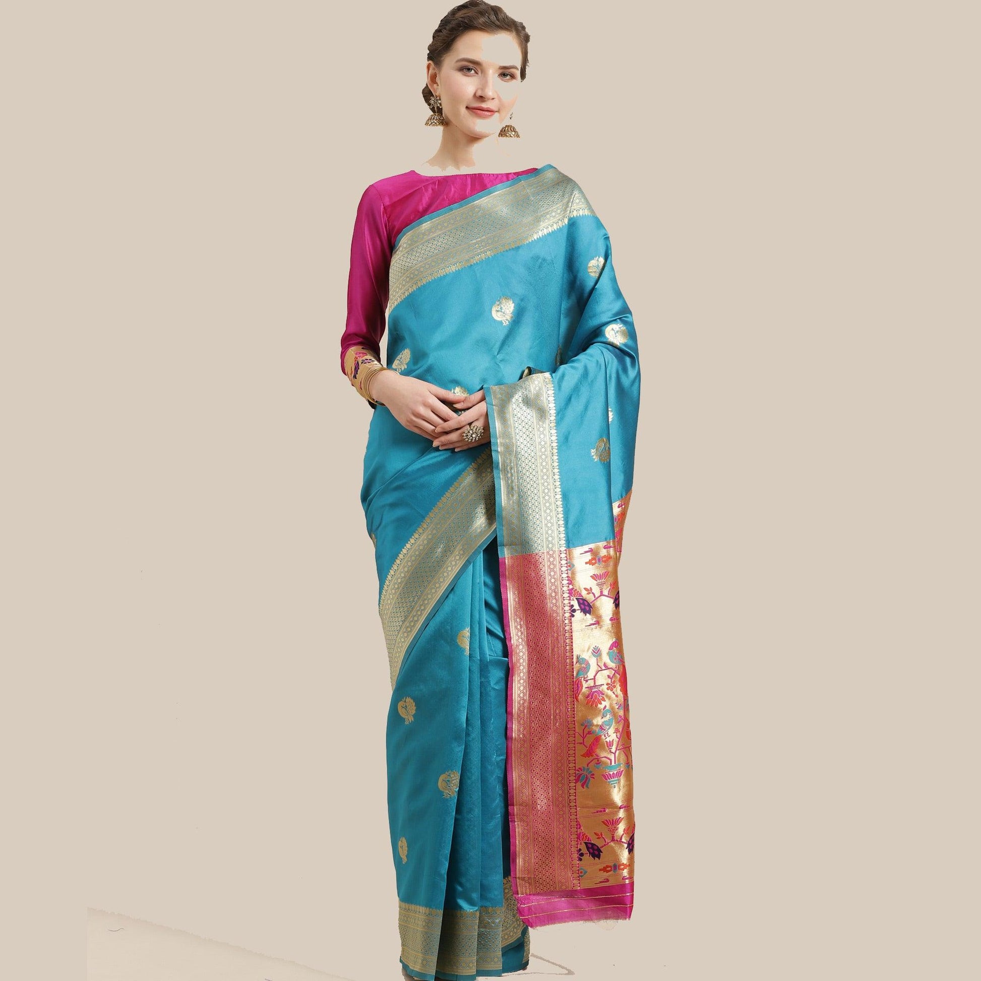 Lovely Sky Blue Colored Festive Wear Woven Silk Blend Saree