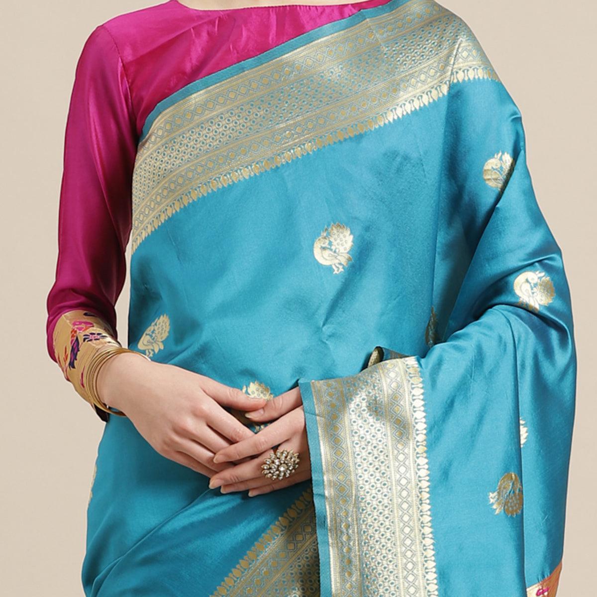 Lovely Sky Blue Colored Festive Wear Woven Silk Blend Saree