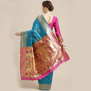 Lovely Sky Blue Colored Festive Wear Woven Silk Blend Saree