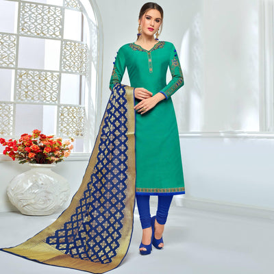 Lovely Teal Green Colored Party Wear Embroidered Chanderi Suit