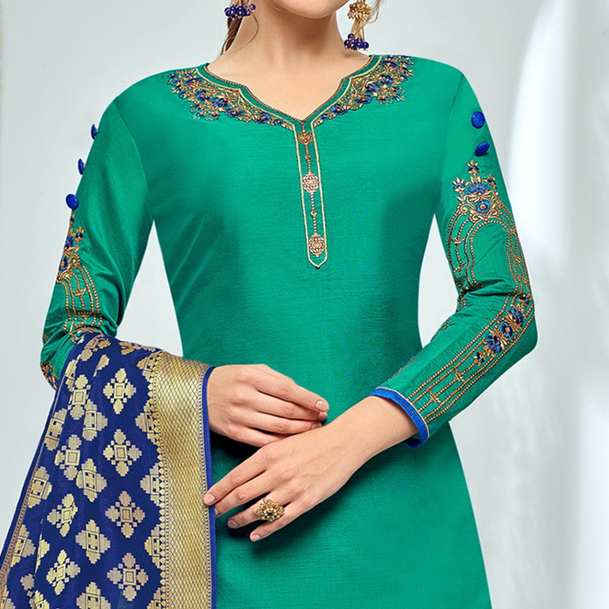 Lovely Teal Green Colored Party Wear Embroidered Chanderi Suit