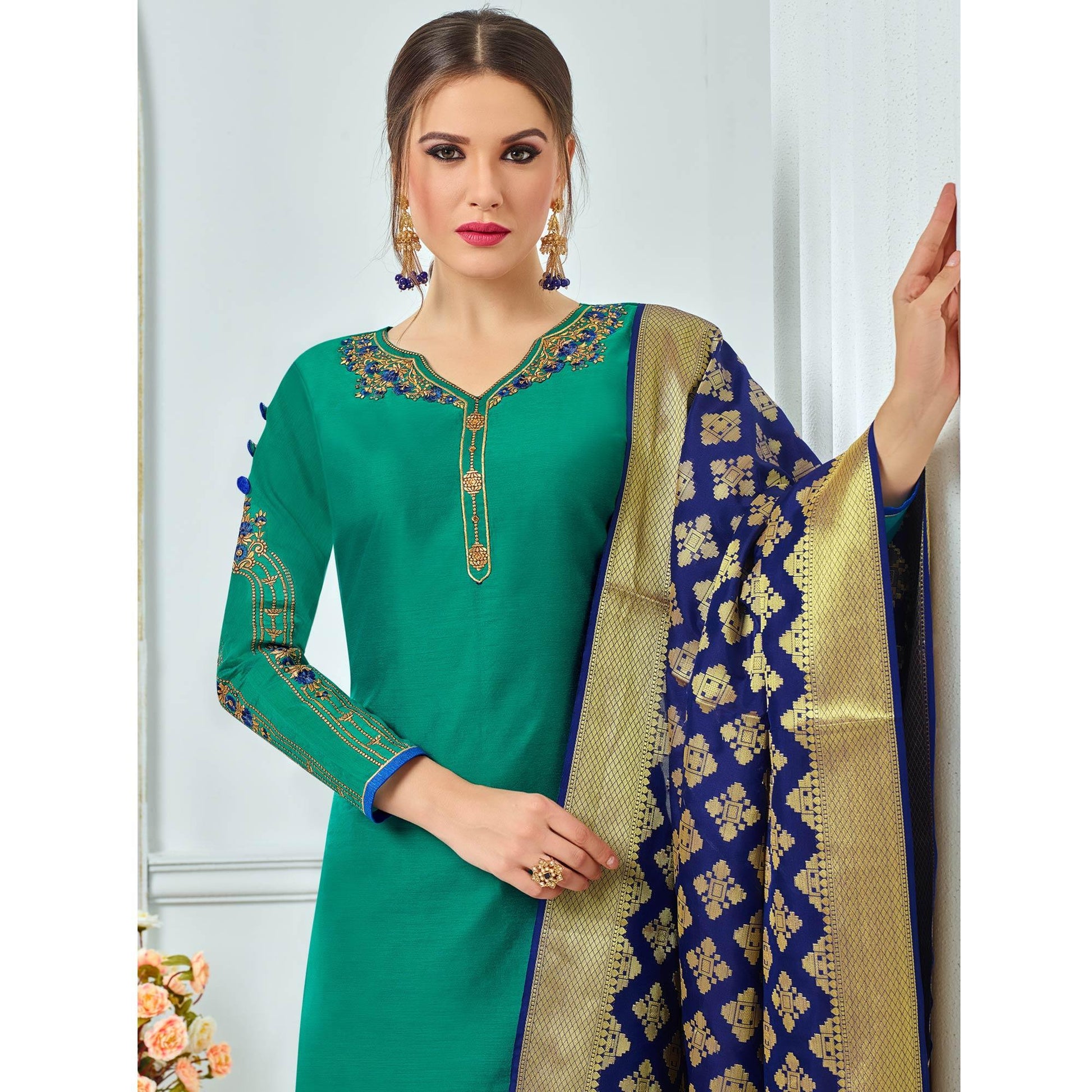 Lovely Teal Green Colored Party Wear Embroidered Chanderi Suit