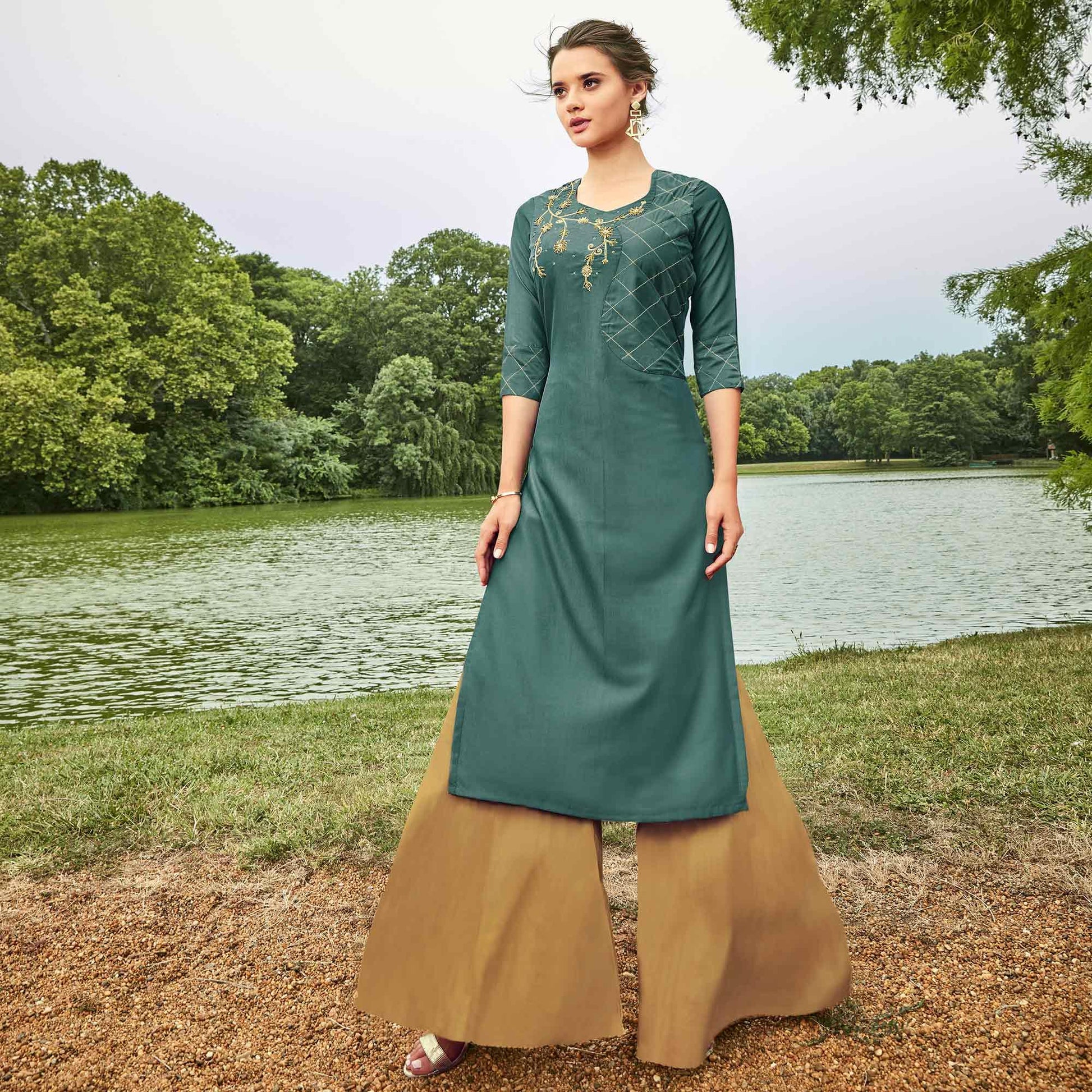 Lovely Teal Grey Colored Partywear Hand Embroidered Muslin Silk Kurti-Palazzo Set