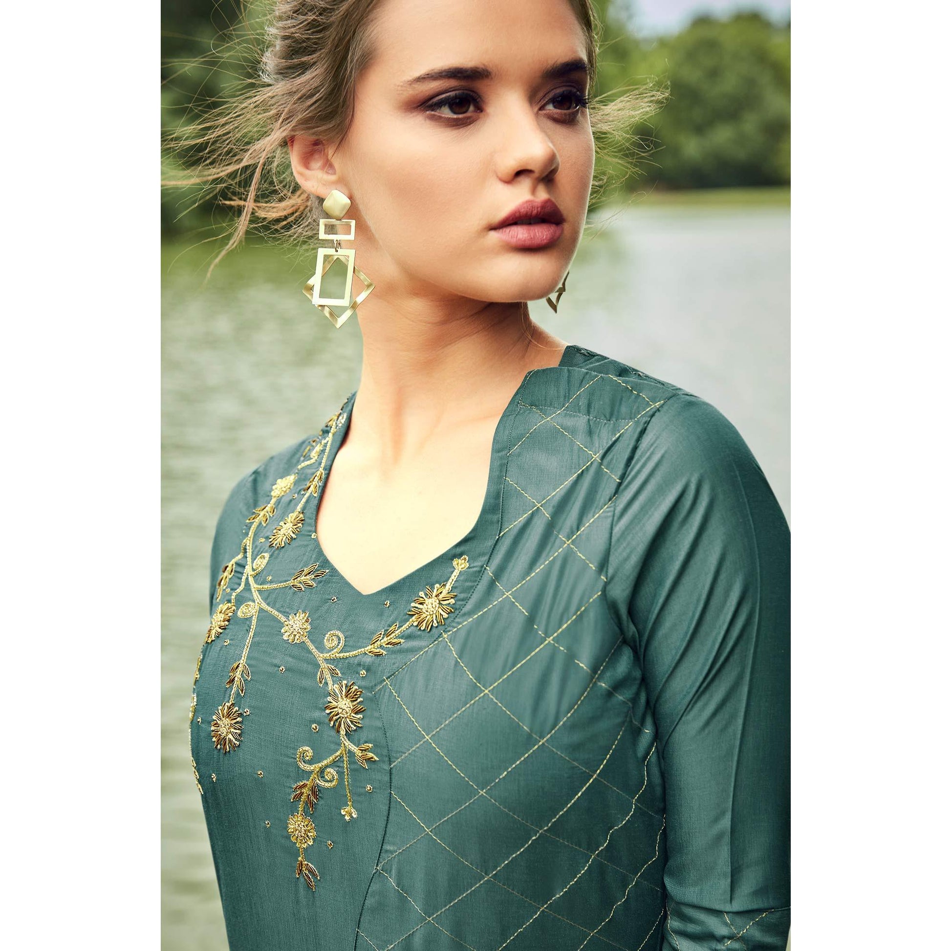 Lovely Teal Grey Colored Partywear Hand Embroidered Muslin Silk Kurti-Palazzo Set