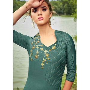 Lovely Teal Grey Colored Partywear Hand Embroidered Muslin Silk Kurti-Palazzo Set
