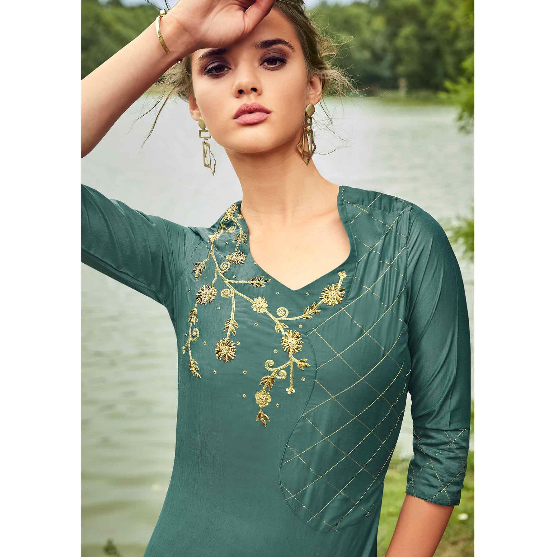 Lovely Teal Grey Colored Partywear Hand Embroidered Muslin Silk Kurti-Palazzo Set