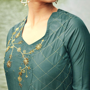 Lovely Teal Grey Colored Partywear Hand Embroidered Muslin Silk Kurti-Palazzo Set