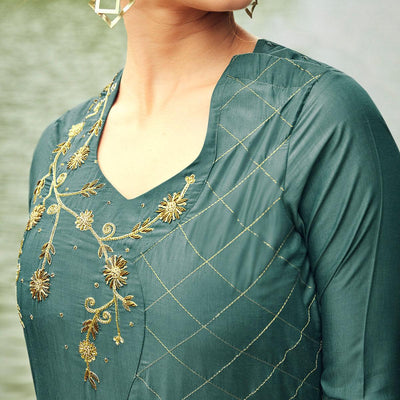Lovely Teal Grey Colored Partywear Hand Embroidered Muslin Silk Kurti-Palazzo Set