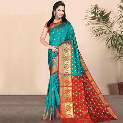 Lovely Turquoise Coloured Festive Wear Woven Kota Litchi Art Silk Saree