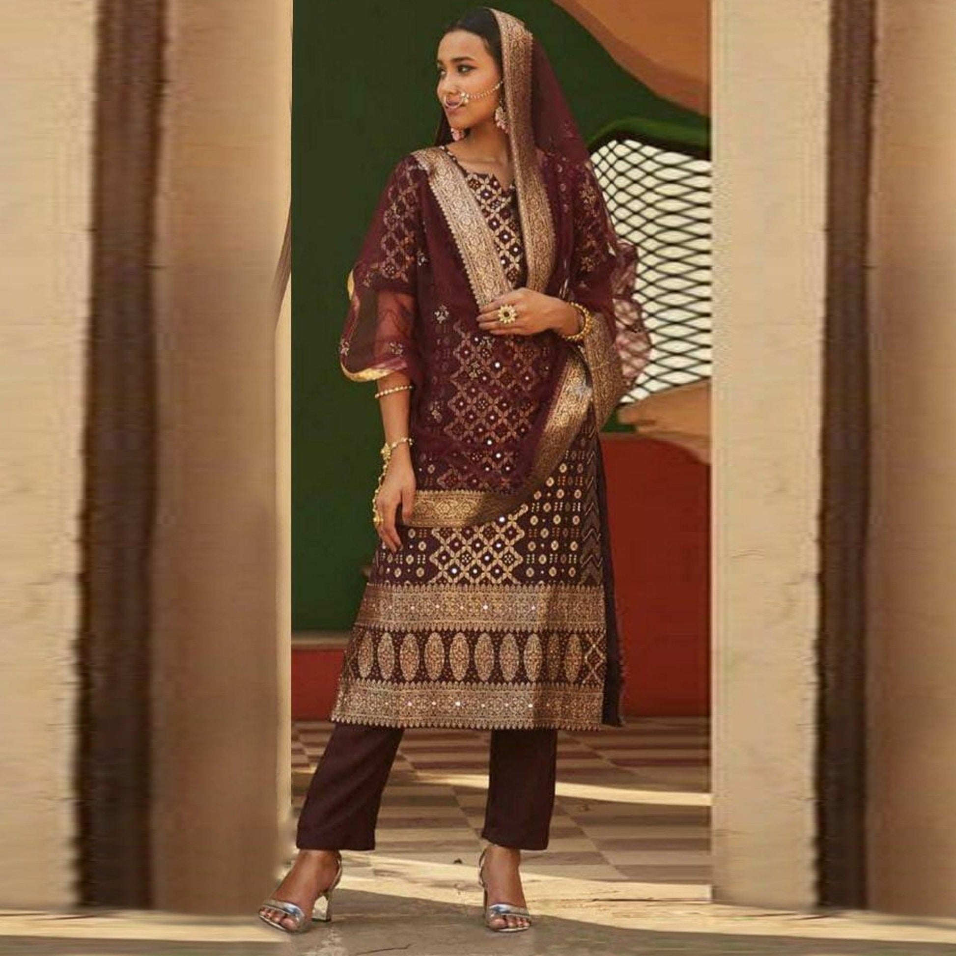 Lovely Wine Colored Partywear Woven Cotton Silk Stitched Suit