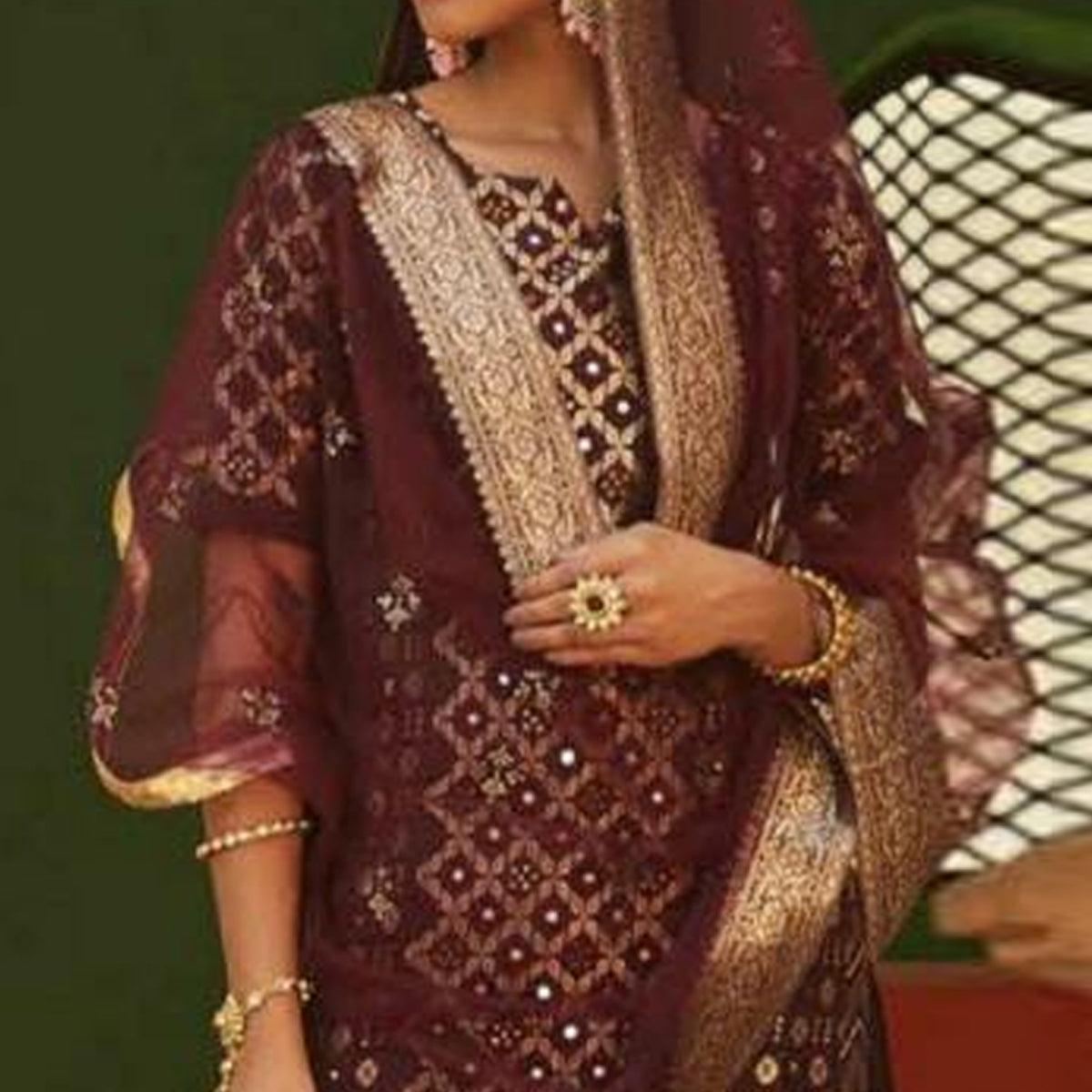Lovely Wine Colored Partywear Woven Cotton Silk Stitched Suit