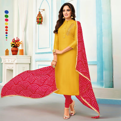 Lovely Yellow Colored Casual Wear Embroidered Chanderi Dress Material