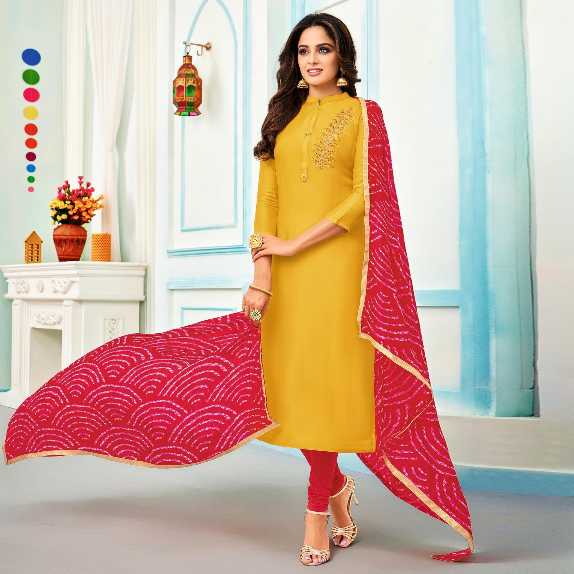 Lovely Yellow Colored Casual Wear Embroidered Chanderi Dress Material