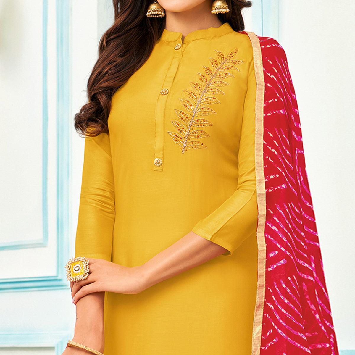 Lovely Yellow Colored Casual Wear Embroidered Chanderi Dress Material