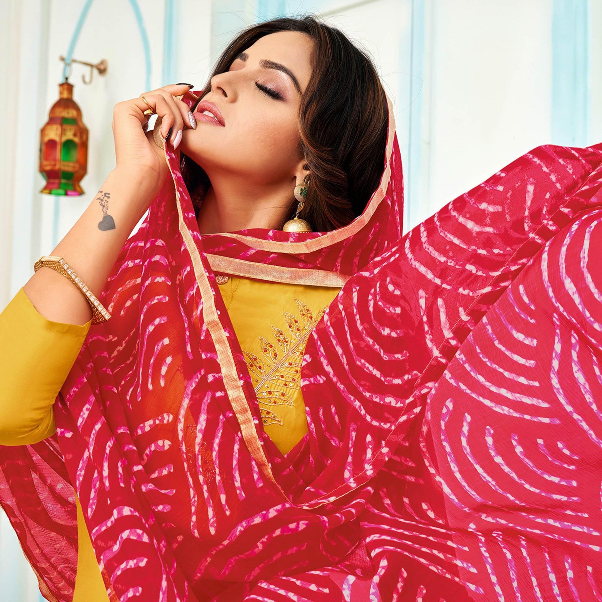 Lovely Yellow Colored Casual Wear Embroidered Chanderi Dress Material