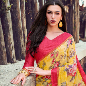 Lovely Yellow Colored Partywear Designer Printed Georgette Saree