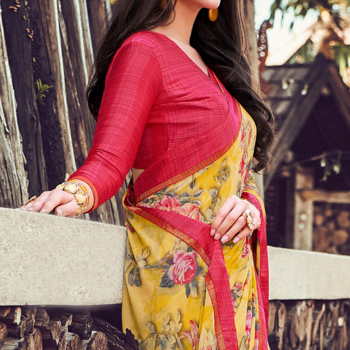 Lovely Yellow Colored Partywear Designer Printed Georgette Saree