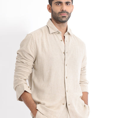 Rare Rabbit Men's Lunet Beige Linen Full Sleeves Solid Shirt
