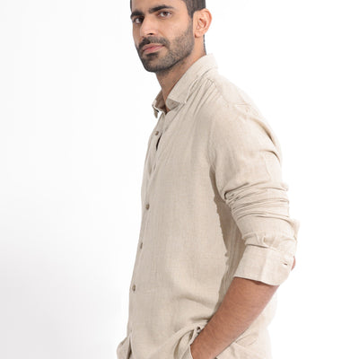 Rare Rabbit Men's Lunet Beige Linen Full Sleeves Solid Shirt