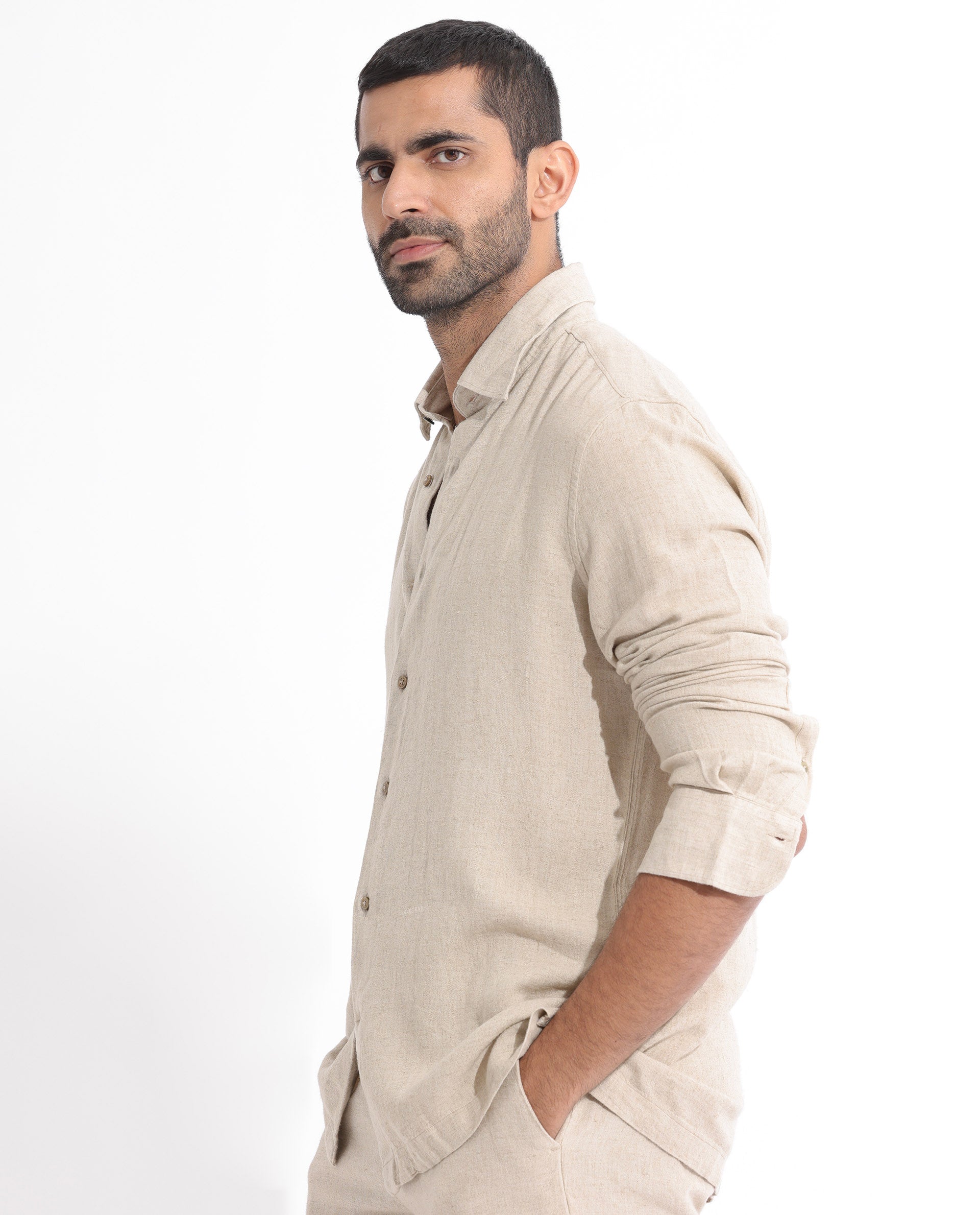 Rare Rabbit Men's Lunet Beige Linen Full Sleeves Solid Shirt