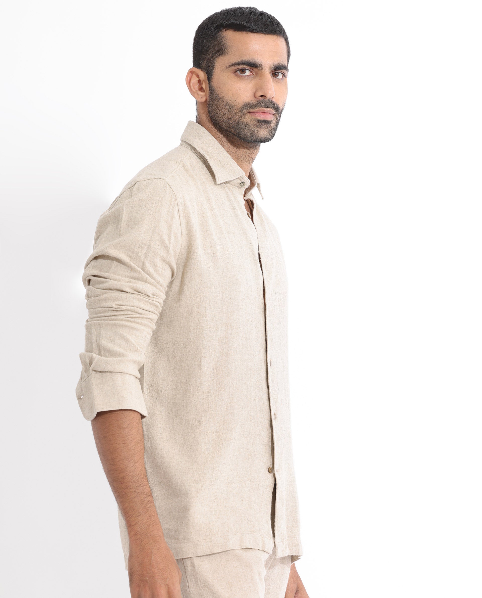 Rare Rabbit Men's Lunet Beige Linen Full Sleeves Solid Shirt