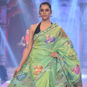 Parrot Green Dual Tone Ardha Chandra Krishna Rasa Leela Hand-Painted Pattachitra Saree (Pre Order)
