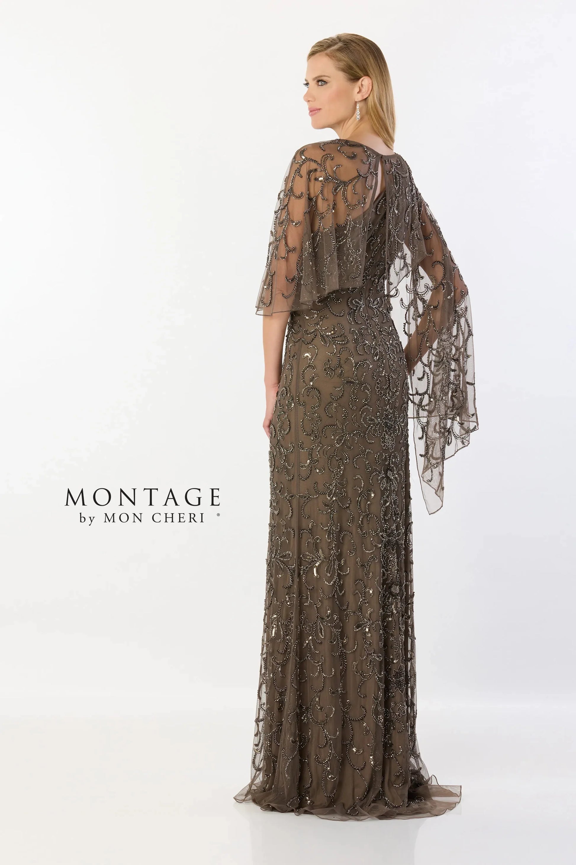 Montage M2241 Long Formal Beaded Sequin Evening Capelet Dress