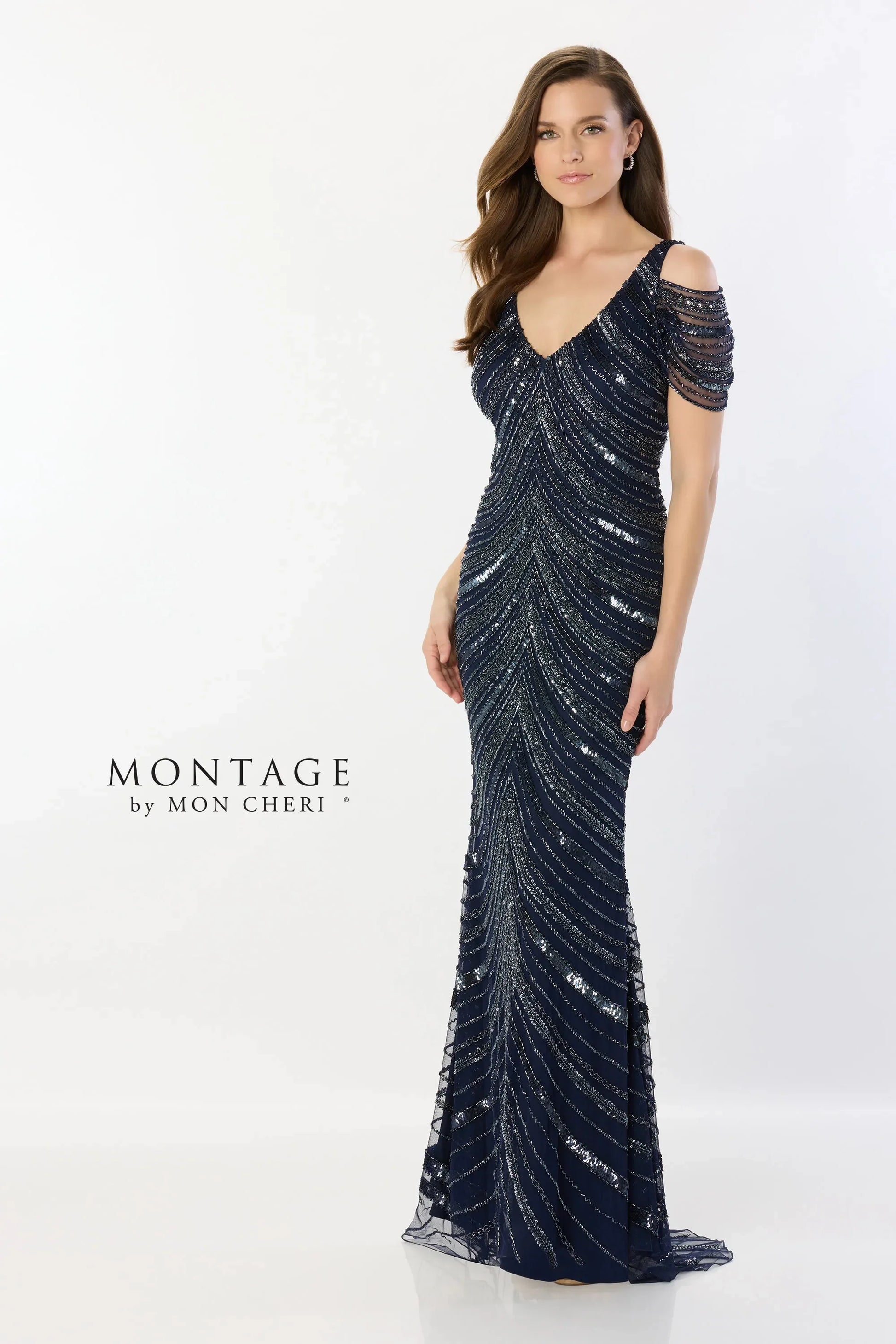 Montage M2244 Long Fitted Sequin Detachable Sleeve Formal Dress