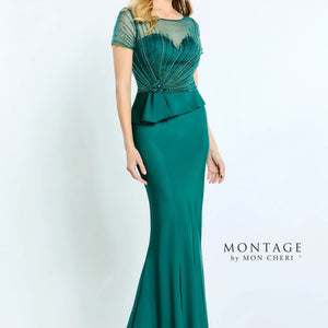 Montage M500 Beaded Long Formal Pleated Peplum Dress