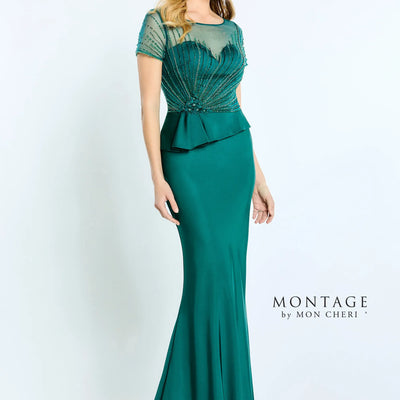 Montage M500 Beaded Long Formal Pleated Peplum Dress