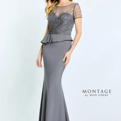 Montage M500 Beaded Long Formal Pleated Peplum Dress