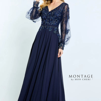 Montage M505 A Line Beaded Formal Long Sleeve Evening Dress