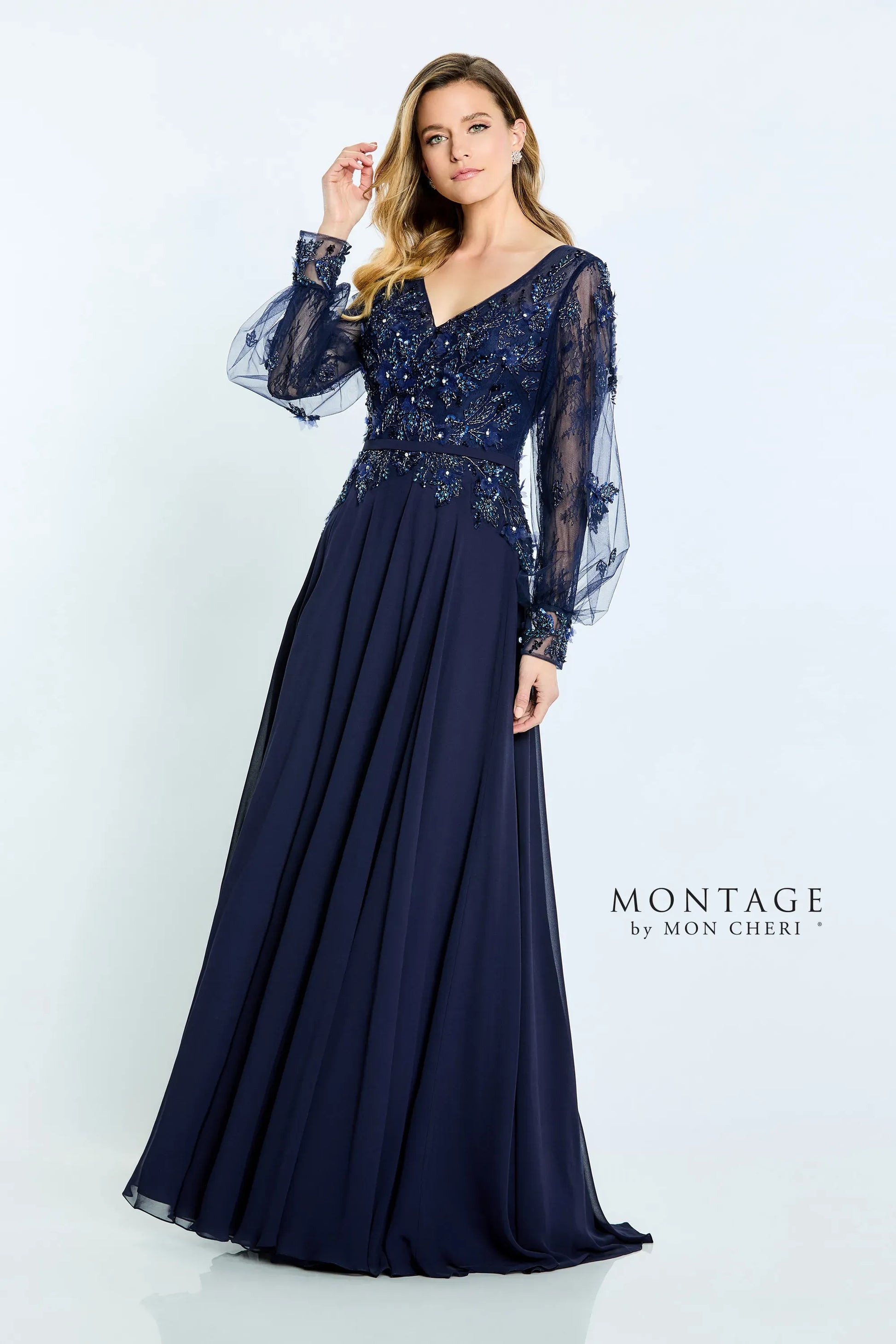 Montage M505 A Line Beaded Formal Long Sleeve Evening Dress