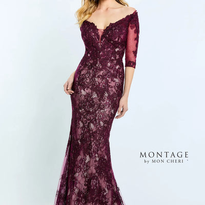 Montage M510 Long Fitted Formal Beaded Lace Evening Dress