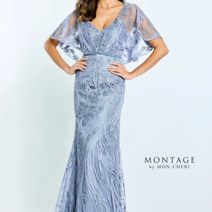 Montage M511 Long Formal Detachable Capelet Lace Dress