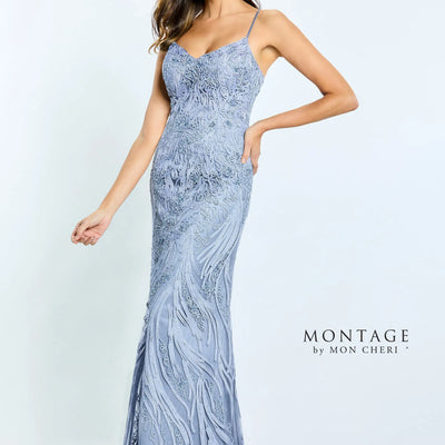 Montage M511 Long Formal Detachable Capelet Lace Dress